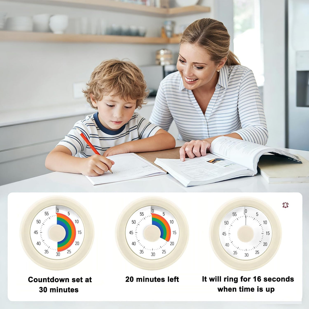 60 Minute Visual Timer with Silent Operation Visual Countdown Timer Rainbow Disk 60 Minute Countdown Timer Task Reminder Home and Kitchen Timer for Kids Desk, Office Meetings (White-Rainbow)