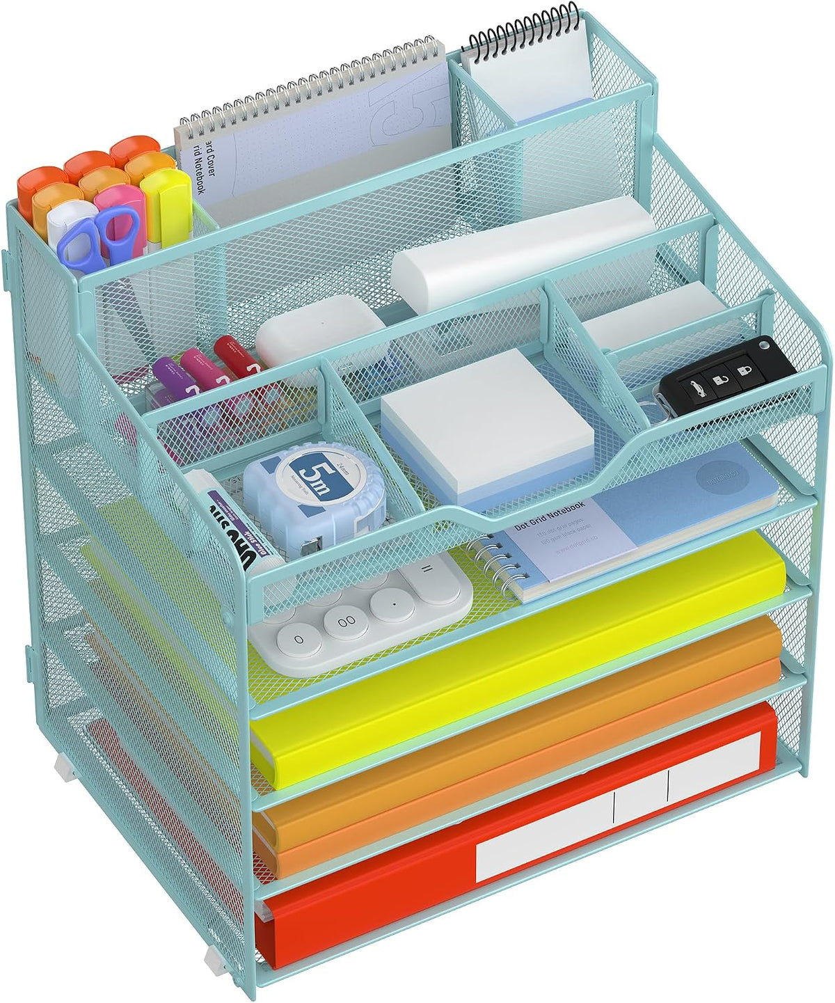 Docnest 5 Tier Mesh Desk Organizer for Paper Office Supplies – Multi-Functional Letter Tray with 5 Adjustable Compartments, 3 Pen Holders, Desktop Storage for Files, Mail, Stationery – Black