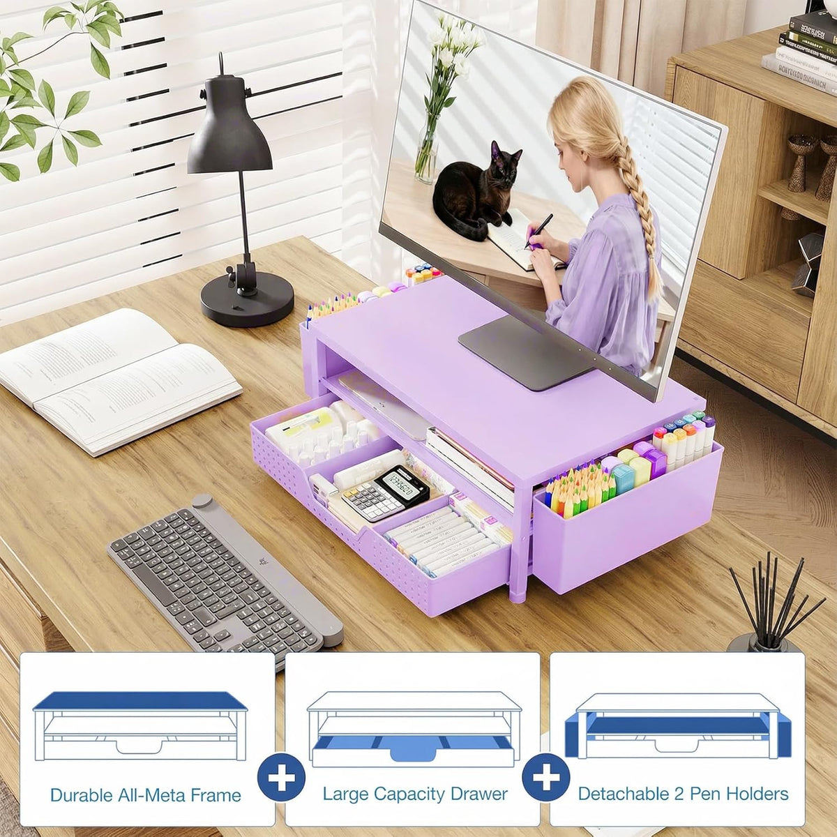 Desk Organizers and Accessories, Computer Monitor Stand Riser with Drawer and 2 Pen Holders, Printer & Laptop Stand, Office Desk Accessories & Workspace Organizers for Home Office Supplies, Black