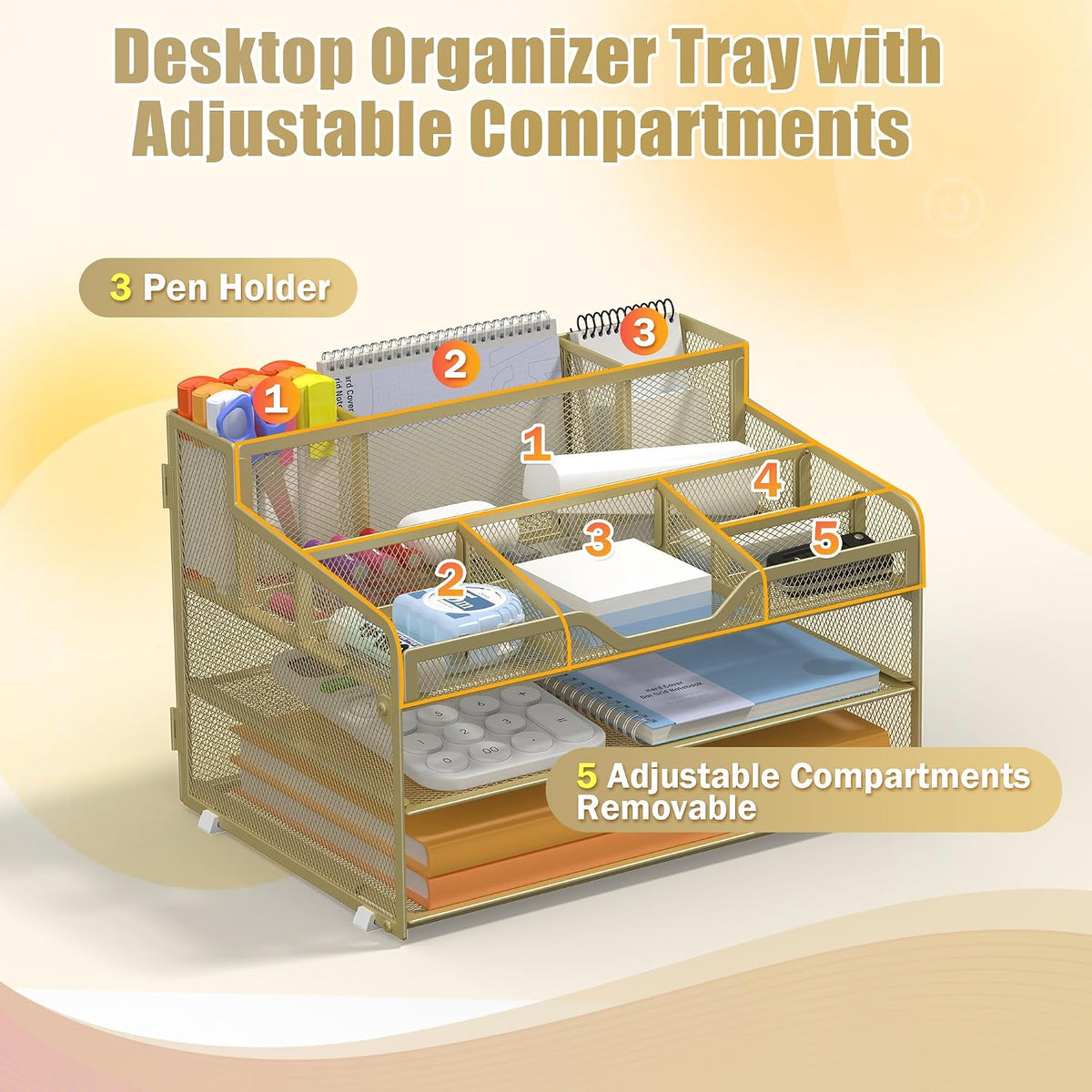 Docnest 5 Tier Mesh Desk Organizer for Paper Office Supplies – Multi-Functional Letter Tray with 5 Adjustable Compartments, 3 Pen Holders, Desktop Storage for Files, Mail, Stationery – Black