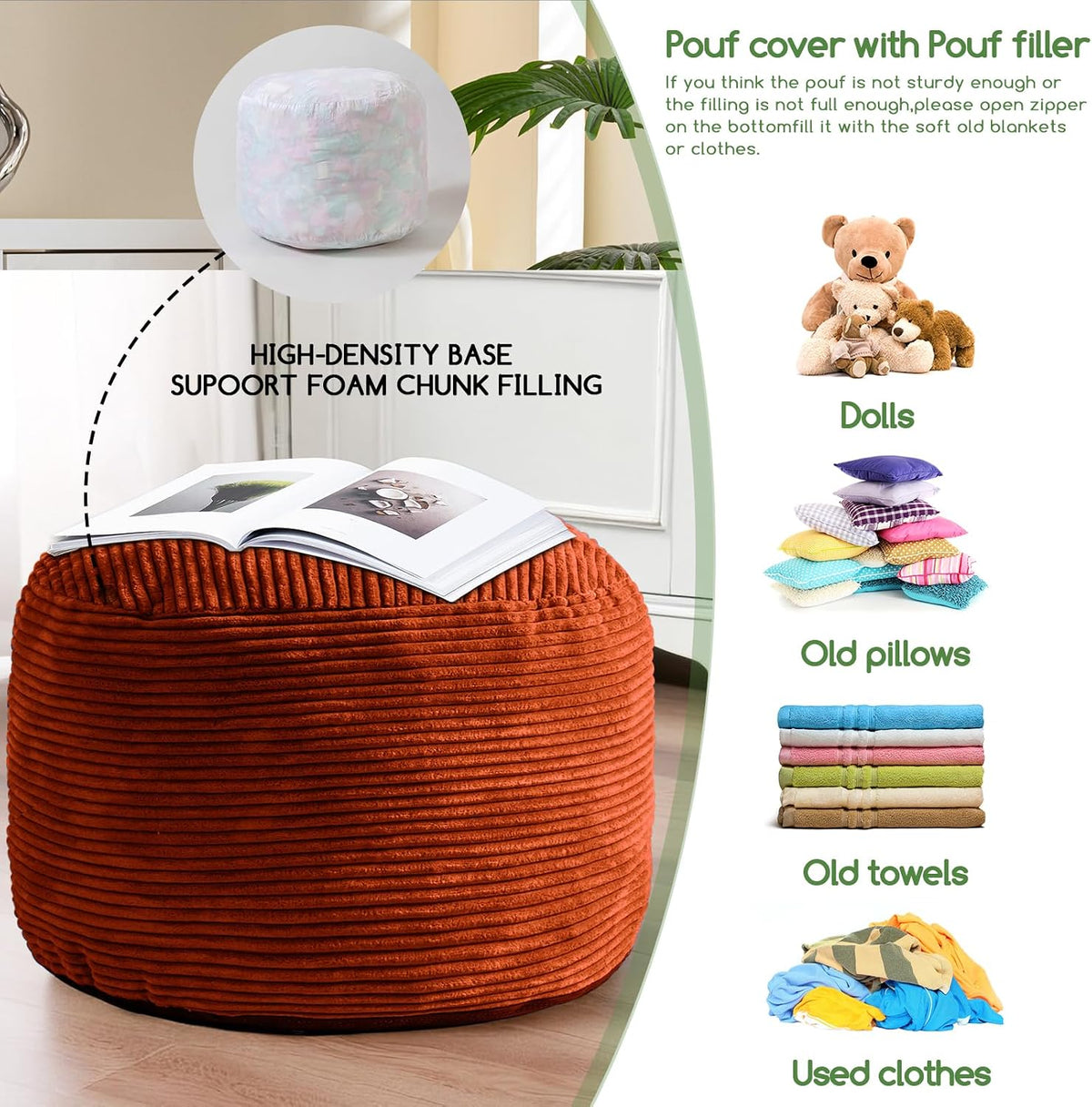 Round Stuffed Pouf Ottoman, Corduroy Poufs with Foam Chunk Filling, Furry and Fluffy Pouf Foot Stool Storage Ottoman, 20 X 15 Floor Poufs Foot Rest for Living Room, Dark Grey