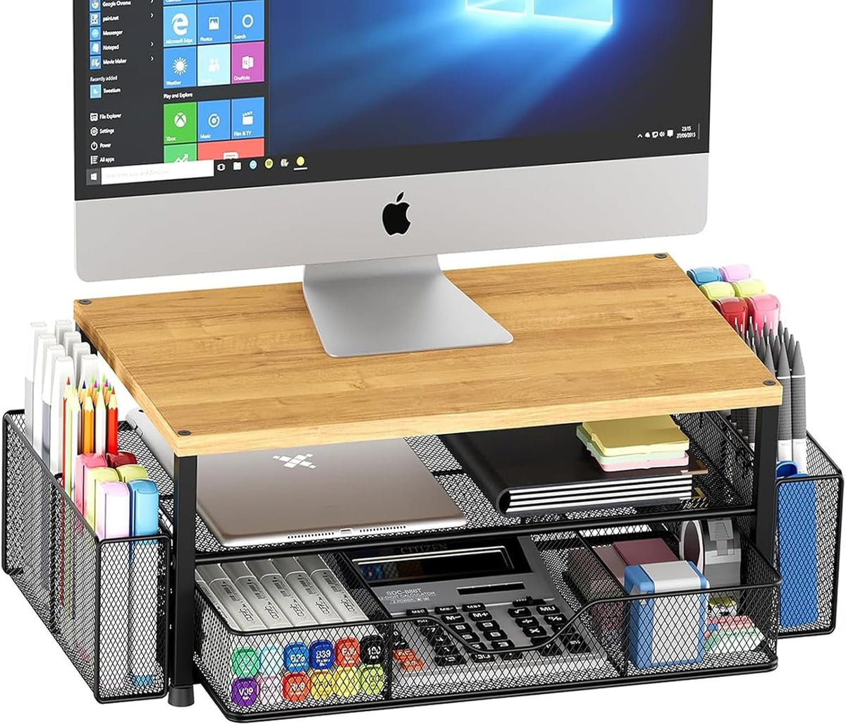 Desk Organizers and Accessories, Computer Monitor Stand Riser with Drawer and 2 Pen Holders, Printer & Laptop Stand, Office Desk Accessories & Workspace Organizers for Home Office Supplies, Black