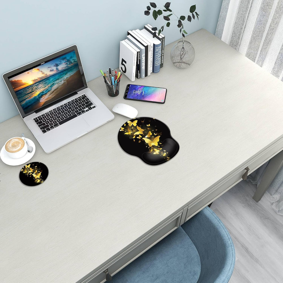 Ergonomic Mouse Pad with Wrist Support Rest,Large Mousepad Gel Wrist Rest, with Coaster Non-Slip & Pain Relief for Computer, Desk, Home&Office-Beach - Colors B