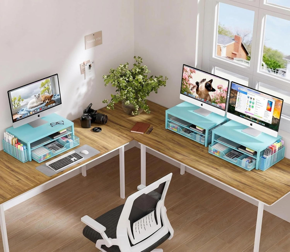 Desk Organizers and Accessories, Computer Monitor Stand Riser with Drawer and 2 Pen Holders, Printer & Laptop Stand, Office Desk Accessories & Workspace Organizers for Home Office Supplies, Black