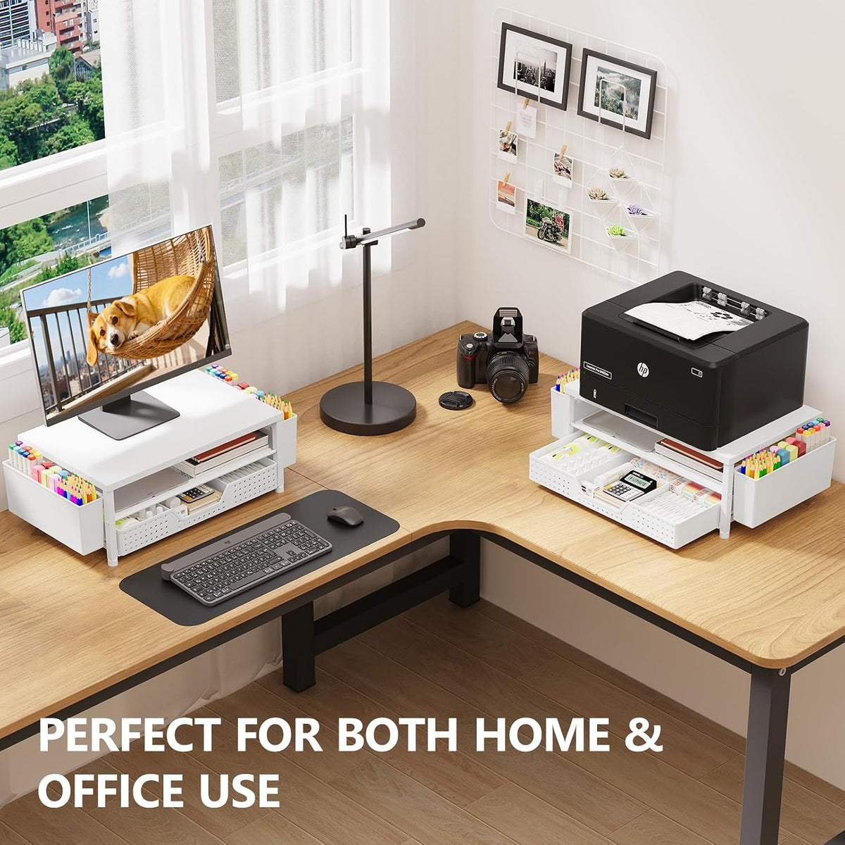Desk Organizers and Accessories, Computer Monitor Stand Riser with Drawer and 2 Pen Holders, Printer & Laptop Stand, Office Desk Accessories & Workspace Organizers for Home Office Supplies, Black
