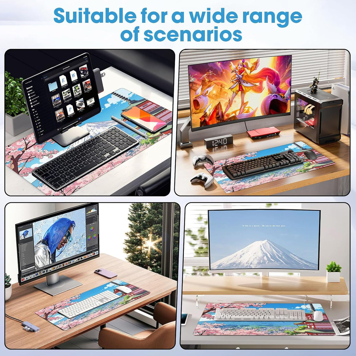 31.5" x 15.7" Waterproof Fabric Desk Pad, Rubber Anti-Slip Base, Stitched Edges No Curling, Fits Laptop Keyboard and Mouse, Smooth Office Mat Large Mouse Pad for Work Game, Black