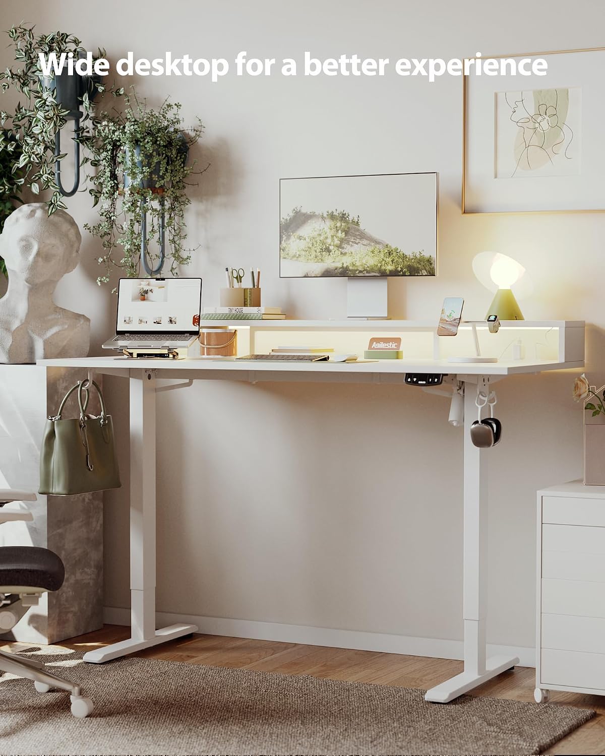 48 * 24 Inch Electric Standing Desk with Shelf & Led, Dark Walnut