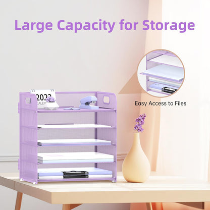 Supeasy 5 Trays Paper Organizer Letter Tray with Handle-Mesh Desk File Holders, Paper Sorter Desk Organizer for Office, Home, Classroom or School