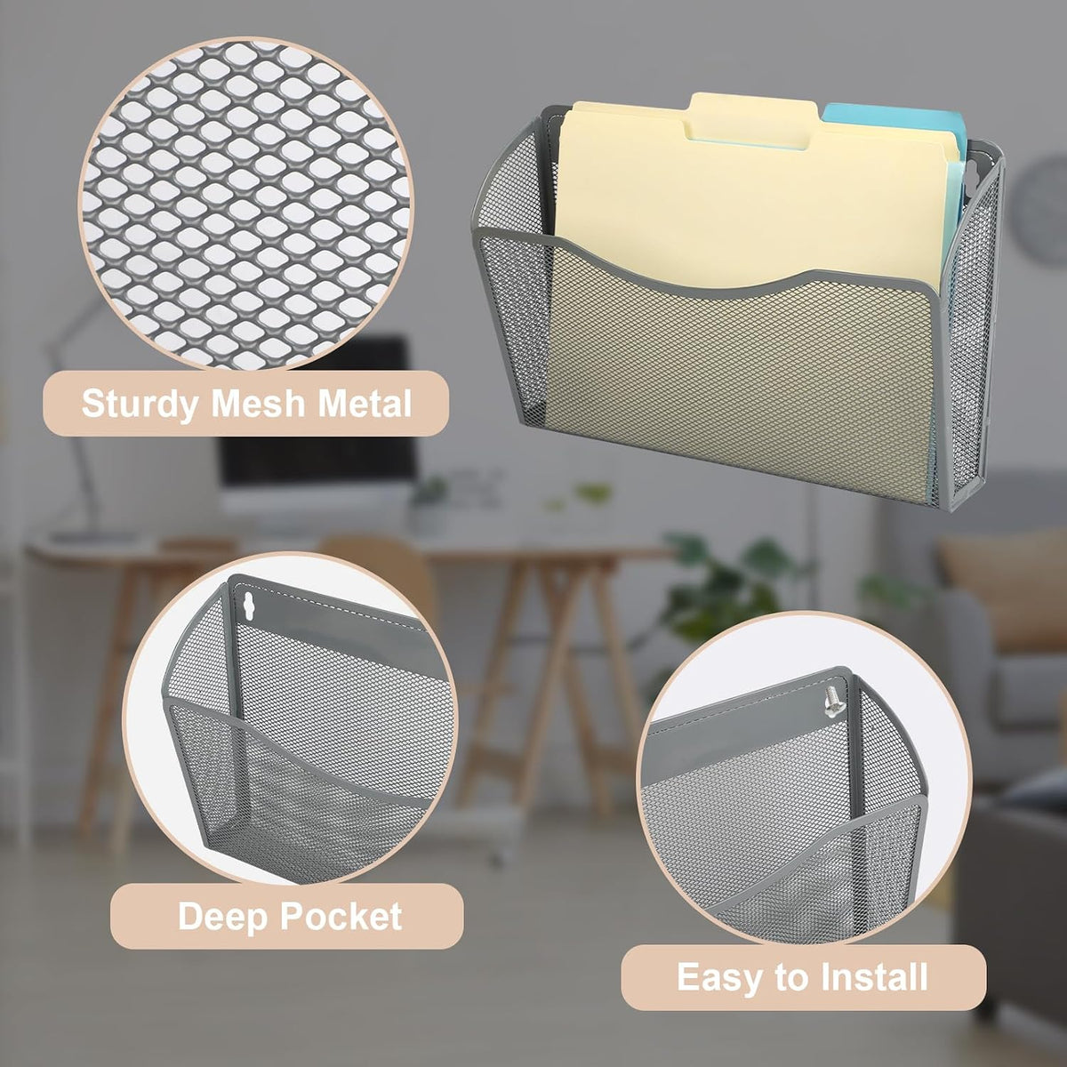 EASEPRES 3 Single Pocket Mesh Hanging File Organizer, Vertical Wall Mounted Magazine File Holder, Mount Basket Mail Paper Document Folder Organizing for Office, Home and School, Black