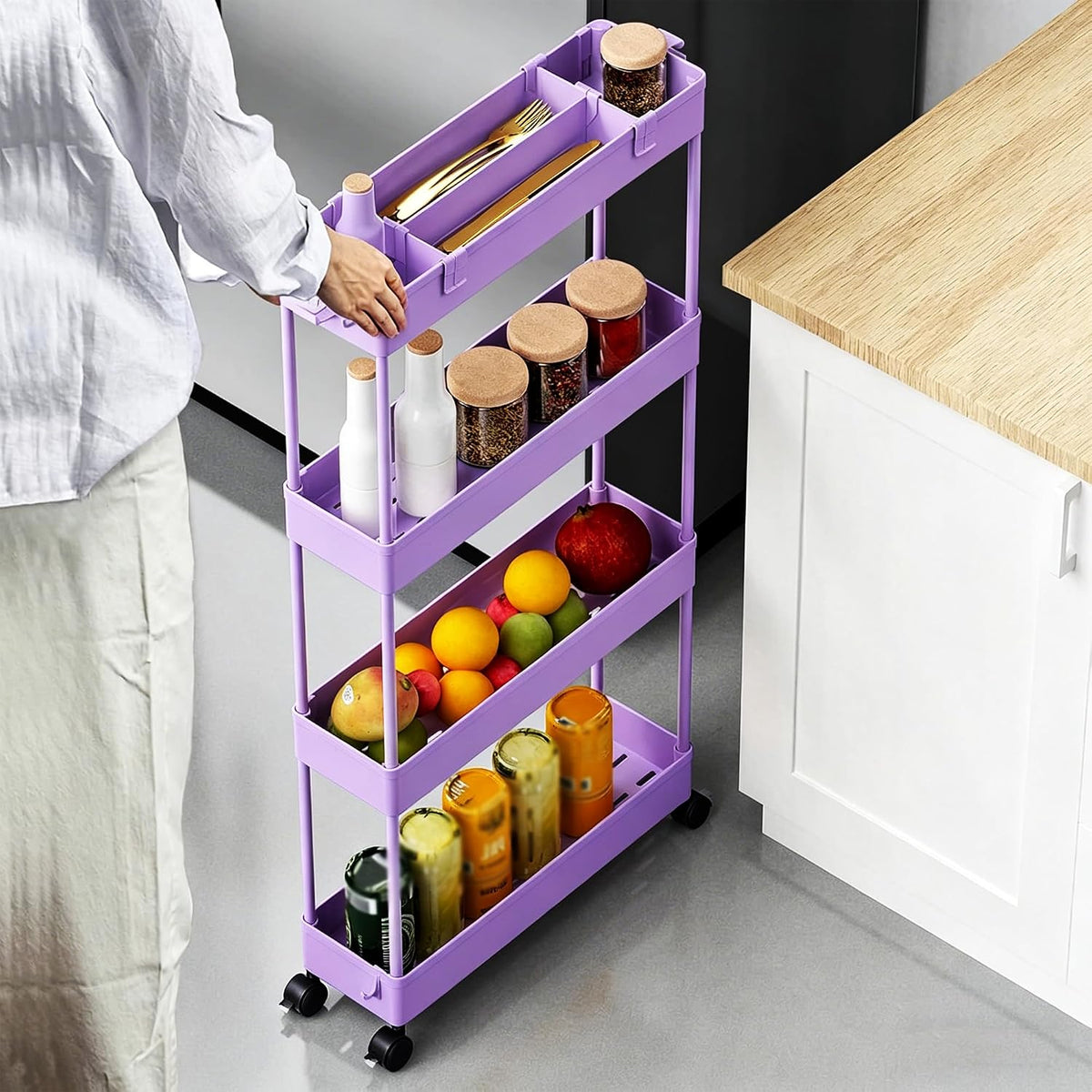 SPACELEAD Slim Storage Cart 4 Tier,Bathroom Organizer Rolling Utility, Mobile Shelving Unit Slide Out for Office, Kitchen, Laundry Room & Narrow Places,White