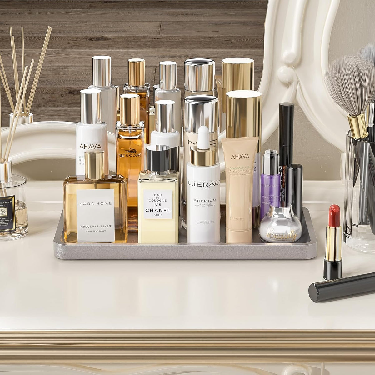 Small Bathroom Vanity Tray for Countertop Makeup Perfume Jewelry Decor Candle Keys, Small Black Kitchen Tray for Soap Dispenser Spice Bamboo Toilet Tray 7.9" L x 4" W x 0.79" H