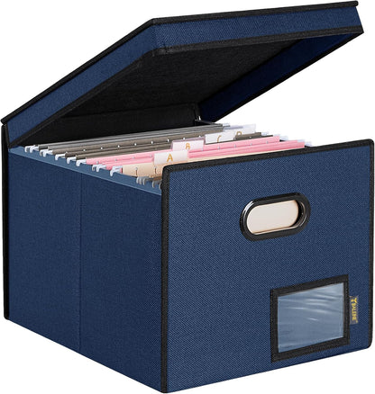 BALEINE File Organizer Box with Lid, Collapsible File Folder Organizer with Plastic Slide, Hanging File Folder Box for Office Document Storage (Black)