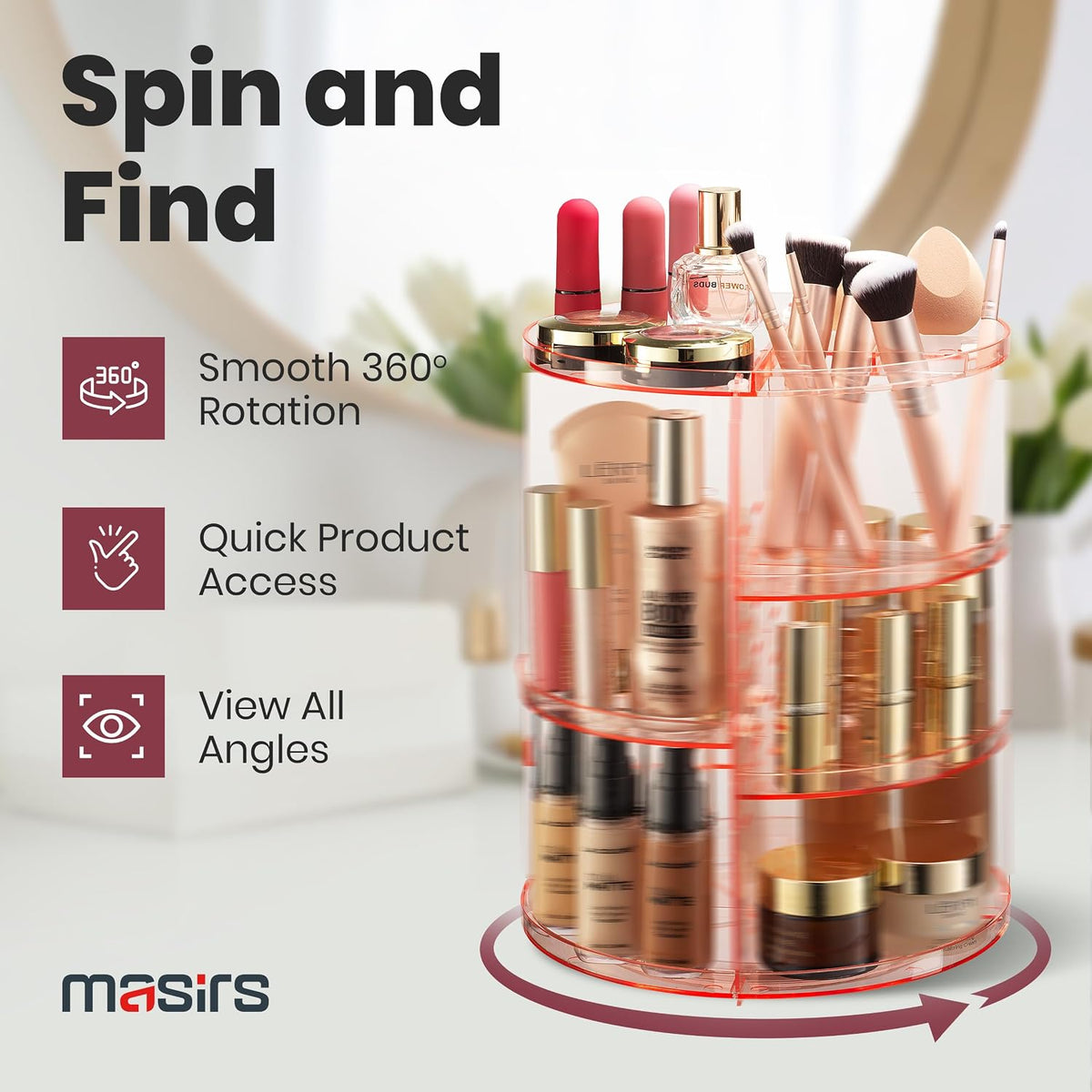 Masirs 360 Rotating Makeup Organizer Countertop - Adjustable Shelf Height - The Perfect Round Spinning Cosmetic Organizer for Bedroom Dresser or Vanity Countertop Storage (Clear)