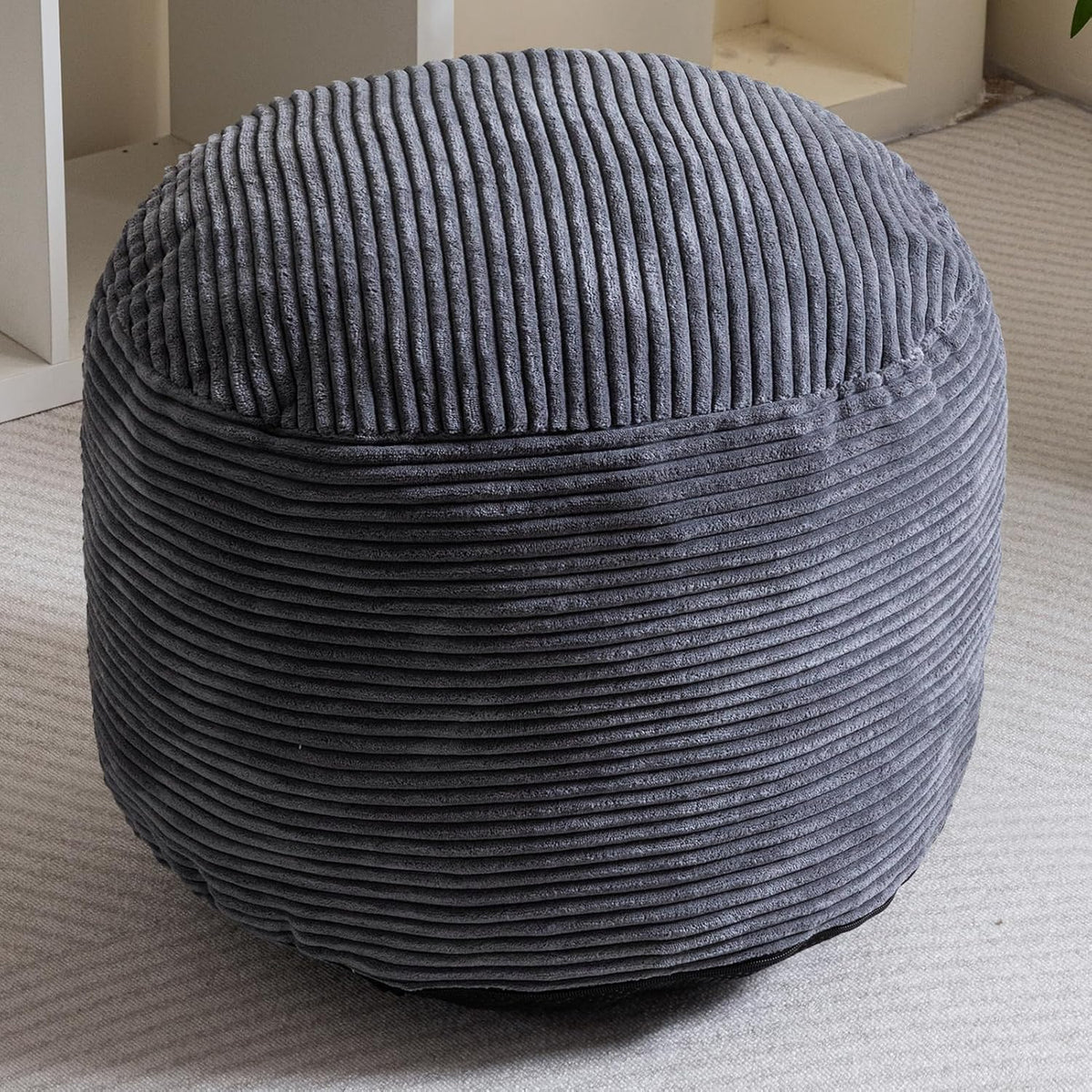 Round Stuffed Pouf Ottoman, Corduroy Poufs with Foam Chunk Filling, Furry and Fluffy Pouf Foot Stool Storage Ottoman, 20 X 15 Floor Poufs Foot Rest for Living Room, Dark Grey