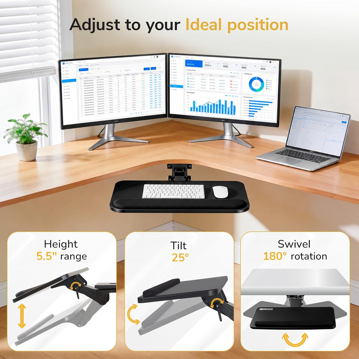 Mount-It! Under Desk Keyboard Tray, Slide-Out Keyboard Drawer with Height, Tilt and Swivel Adjustment, 25" x 10" Keyboard & Mouse Platform with Wrist Rest, Bolt-On Under Desk Mount