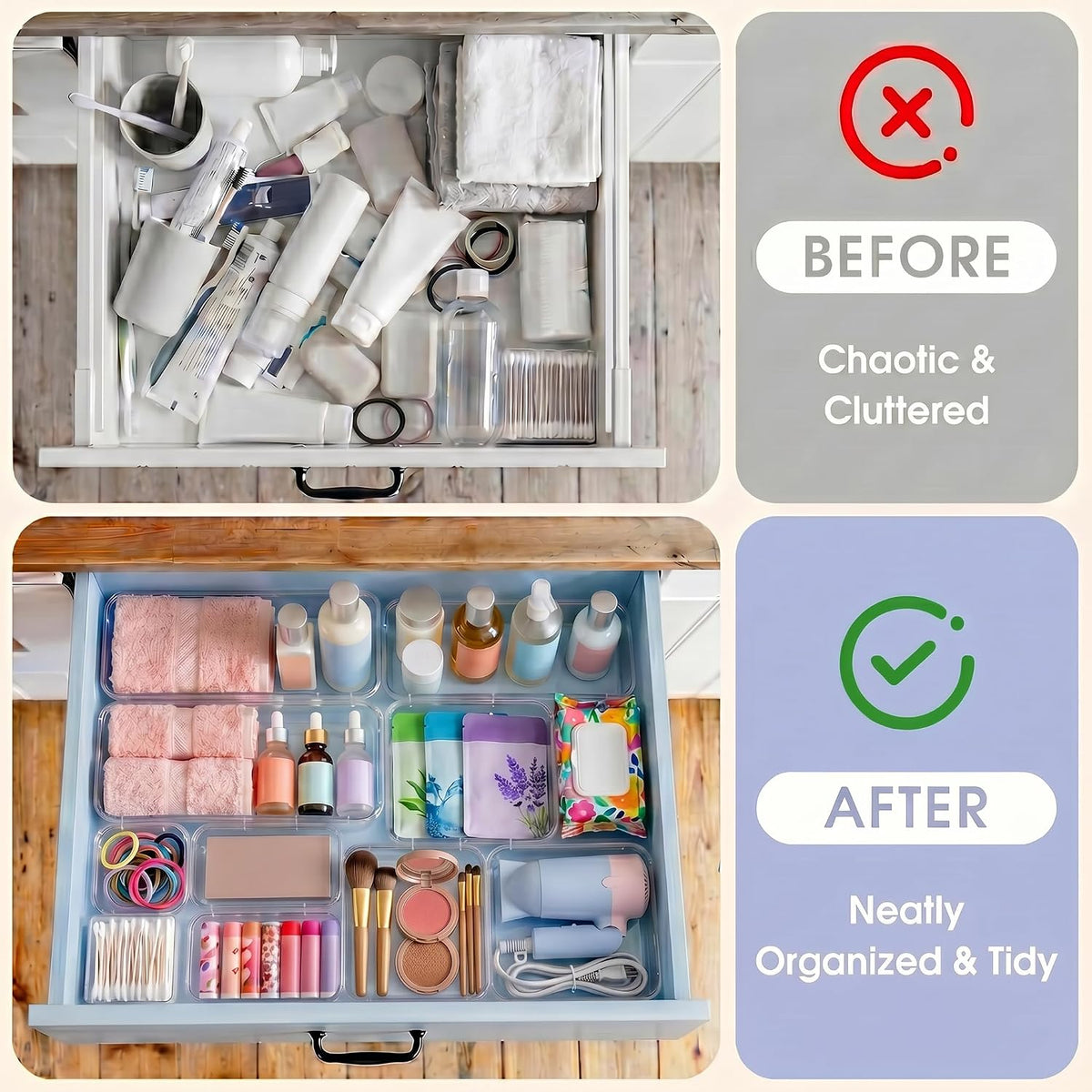 Expandable Clear Drawer Organizer, 3-Size Extendable Drawer Divider, Adjustable Plastic Storage Box, Arcrylic Storage Bins for Makeup Vanity Drawer Dresser DIY Desk Office Kitchen Utensils