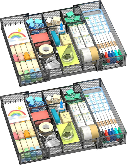 Expandable Desk Drawer Organizer Tray with 10 Adjustable Compartments, Metal Mesh Office Drawer Organizer, Versatile Desk Organizer for Home, School Supplies, Makeup Vanity & Jewelry (Black)
