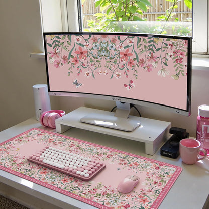 Desk Mat,Mouse Pad for Office Desk,35.4x15.7in,Pink Flowers