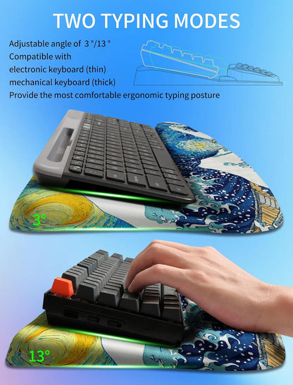 Ergonomic Wave Wrist Rest with Keyboard Stand, Cushioned Palm Rest, Comfortable Integrated Memory Foam for Natural Typing and Relieve Wrist Pain, Dark Night Black