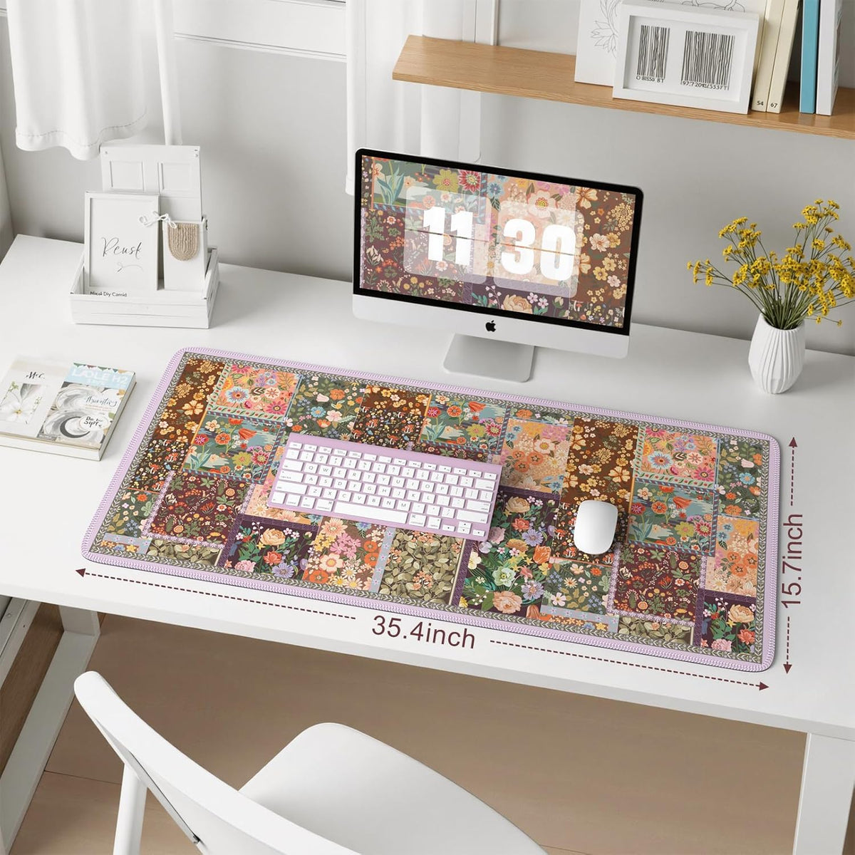 Desk Mat,Mouse Pad for Office Desk,35.4x15.7in,Pink Flowers