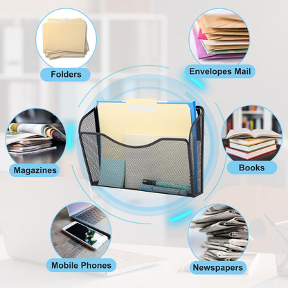 EASEPRES 3 Single Pocket Mesh Hanging File Organizer, Vertical Wall Mounted Magazine File Holder, Mount Basket Mail Paper Document Folder Organizing for Office, Home and School, Black