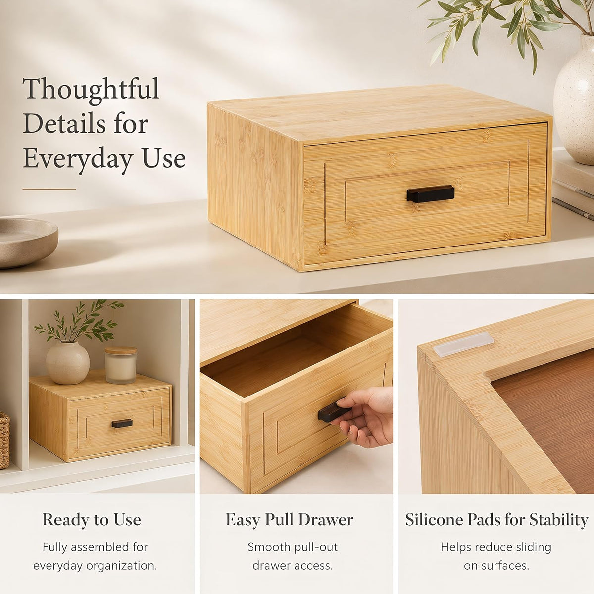 Kingrol Bamboo Storage Drawer, Stackable Single Drawer Organizer for Desk, Shelf, Closet, Entryway, Coffee Station, Vanity and Bathroom Counter, Natural Bamboo, 15 x 11.75 x 6.5 Inch
