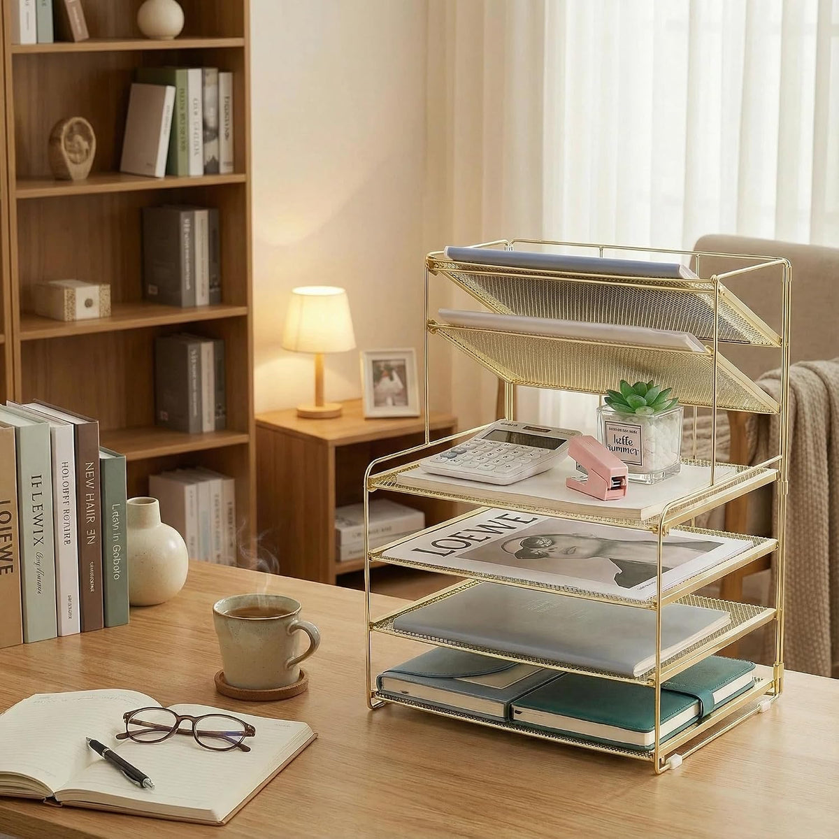 OPNICE Desk Organizers and Accessories, 5-Tier Paper Organizer Letter Tray with Magazine Holder, Office Desk Accessories & Workspace Organizers, Desktop File Organizer for Office Supplies, Black