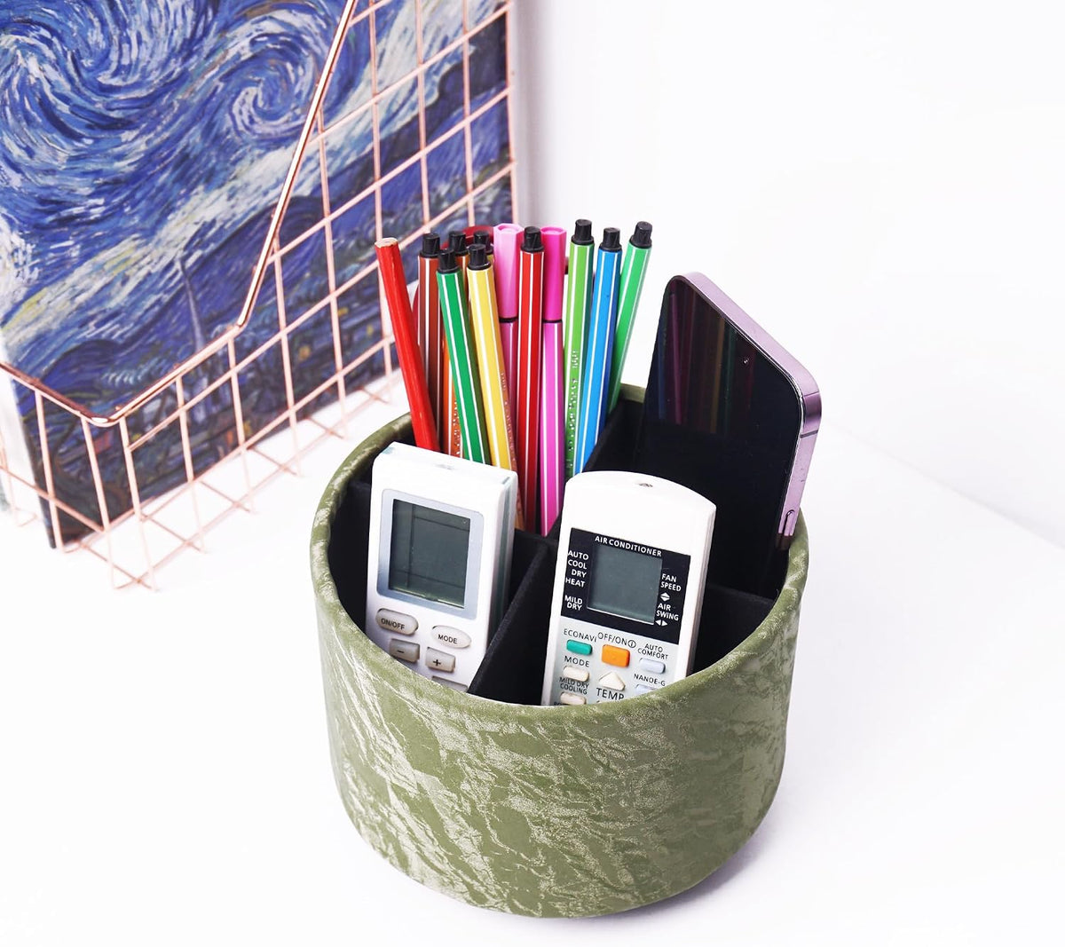 Round Leather Art Supply Organizer,Remote Control Holder,360 Degree Rotating,Multi-Functional Pencil Holder,4 Compartments Desktop Stationary Organizer(1-Blue Bird) - Colors C