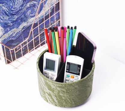 Round Leather Art Supply Organizer,Remote Control Holder,360 Degree Rotating,Multi-Functional Pencil Holder,4 Compartments Desktop Stationary Organizer(1-Blue Bird) - Colors C