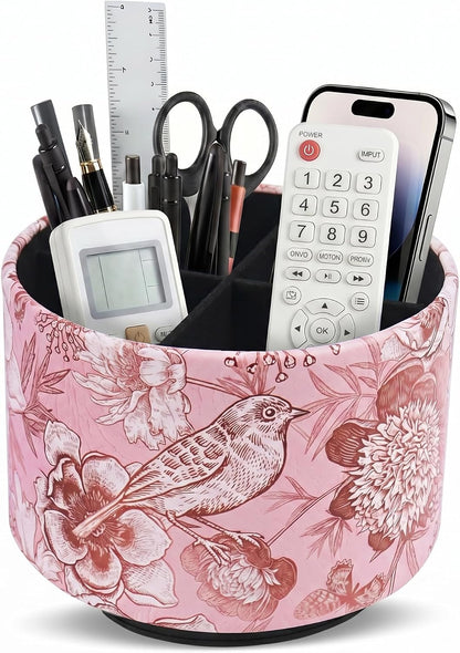 Round Leather Art Supply Organizer,Remote Control Holder,360 Degree Rotating,Multi-Functional Pencil Holder,4 Compartments Desktop Stationary Organizer(1-Blue Bird) - Colors B