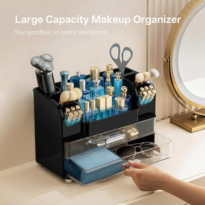 HBlife Makeup Organizer for Vanity with Brush Holder, Large Bathroom Countertop Cosmetic Organizer Skin Care Storage, Easy to Store Lipsticks, Nail Polishes, Perfumes, Eyeshadow Palettes, All White