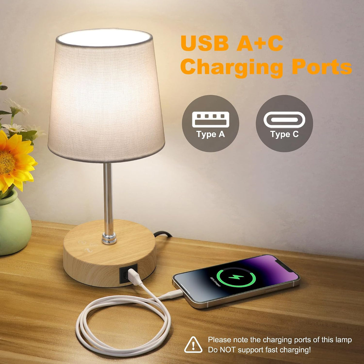Ascher Small Bedside Table lamp, RGB Color Changing Lamps, 3 Color Temperatures, Dimmable Nightstand Lamp with USB C+A Ports, Touch Desk Lamp for Bedroom Living Room, H11.4in(Flaxen Shade)