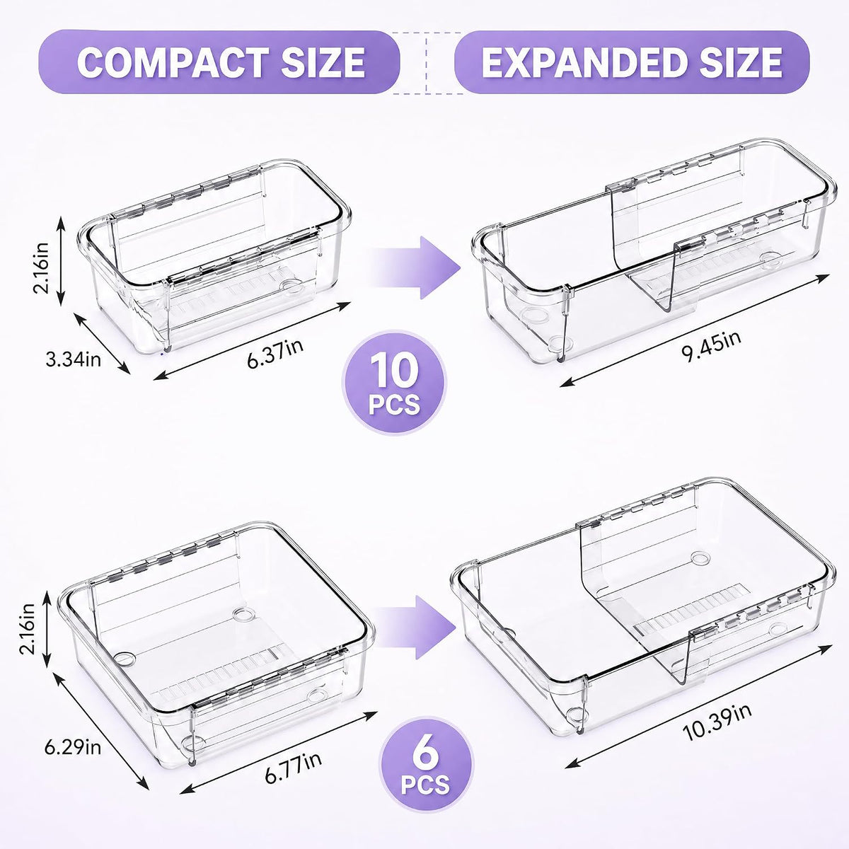 Expandable Clear Drawer Organizer, 3-Size Extendable Drawer Divider, Adjustable Plastic Storage Box, Arcrylic Storage Bins for Makeup Vanity Drawer Dresser DIY Desk Office Kitchen Utensils