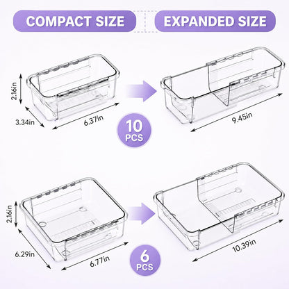 Expandable Clear Drawer Organizer, 3-Size Extendable Drawer Divider, Adjustable Plastic Storage Box, Arcrylic Storage Bins for Makeup Vanity Drawer Dresser DIY Desk Office Kitchen Utensils