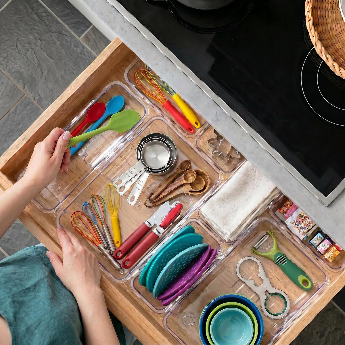 Expandable Clear Drawer Organizer, 3-Size Extendable Drawer Divider, Adjustable Plastic Storage Box, Arcrylic Storage Bins for Makeup Vanity Drawer Dresser DIY Desk Office Kitchen Utensils