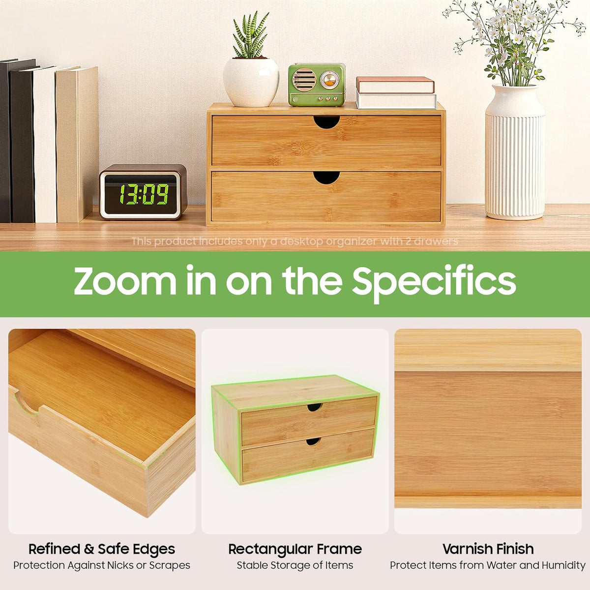 Desk Organizer, Office Vanity Bamboo Desk Organizer, Mini Bamboo Desk Drawer Tabletop Storage Box with 2 Drawer Night Stand Table Organizer for Makeup Vanity Office Supplies (2 Drawer)