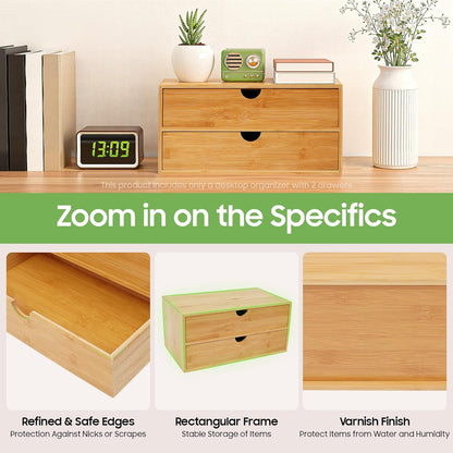 Desk Organizer, Office Vanity Bamboo Desk Organizer, Mini Bamboo Desk Drawer Tabletop Storage Box with 2 Drawer Night Stand Table Organizer for Makeup Vanity Office Supplies (2 Drawer)