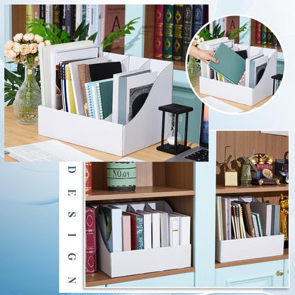 3 Pack Cardboard Magazine File Holders 12 Grids Vertical Book Bins 10.6'' x 10.2'' x 14'' Magazine Document Storage Box for Desk Shelves Home Office Classroom Library Use (White)