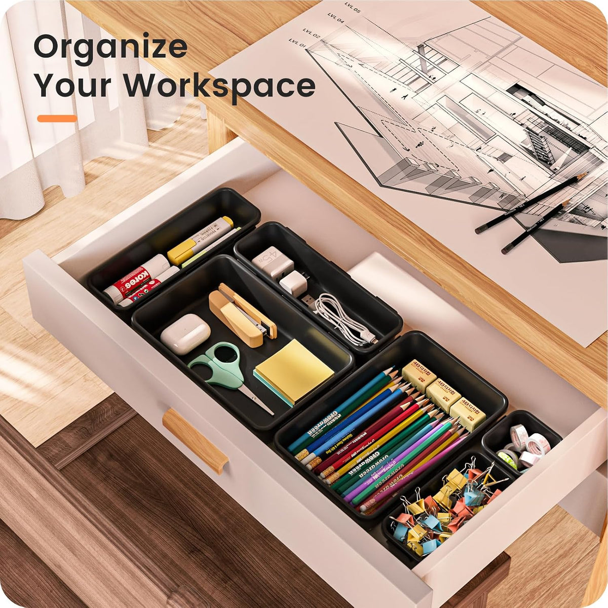 A-LuGei 【Military Grade】 Drawer Organizer, 【𝟱𝗦𝗶𝘇𝗲】 Makeup organizer, 【Holds 177 Items】 Bathroom Organizers and Storage, Organization and Storage, Desk Drawer Organizer for Vanity (Clear)