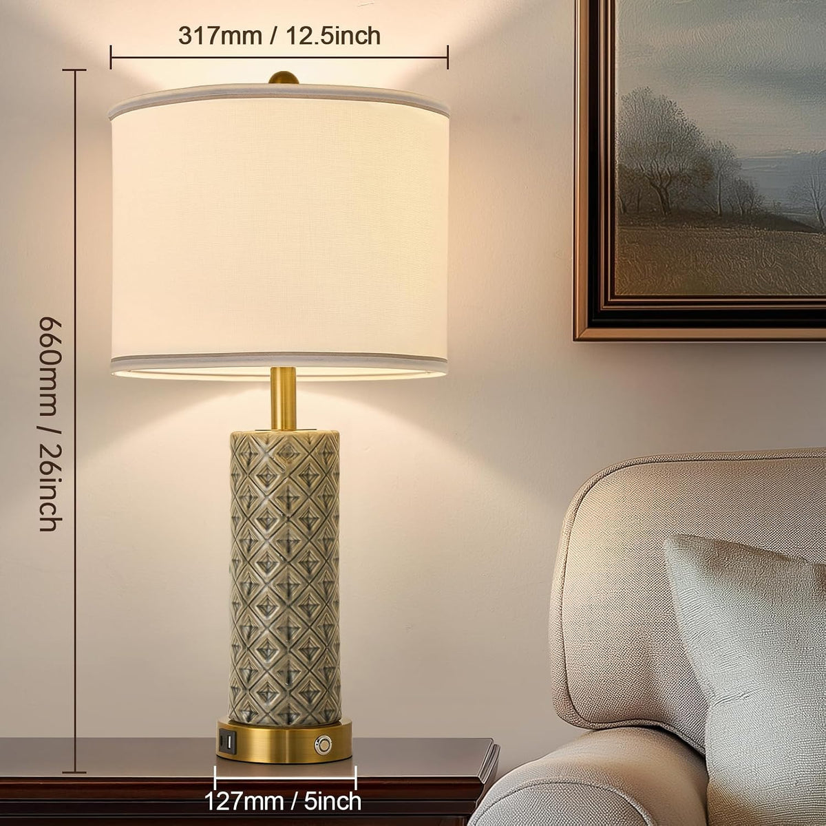 Small Bedside Table Lamp for Bedroom - Reading Desk Lamp with 3 Color Temperatures，15.5" Nightstand Ceramic Lamp with Fabric Shade for Kids Room,Living Room,Dorm,Home Office (Green)
