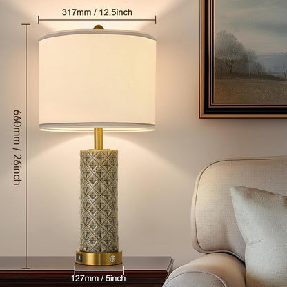 Small Bedside Table Lamp for Bedroom - Reading Desk Lamp with 3 Color Temperatures，15.5" Nightstand Ceramic Lamp with Fabric Shade for Kids Room,Living Room,Dorm,Home Office (Green)