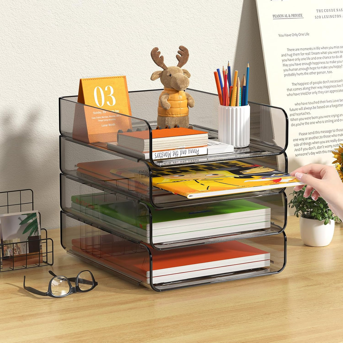 FANXIYQ 4-Tier Acrylic Paper Tray Organizer, Clear Stackable Desk File Organizer for Documents, Files, Letters, A4 Paper, Books, Notes, Mail & Paper Storage, Office Classroom Home