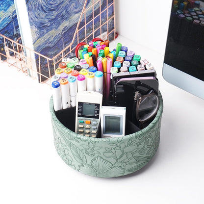 Round Leather Art Supply Organizer,Remote Control Holder,360 Degree Rotating,Multi-Functional Pencil Holder,4 Compartments Desktop Stationary Organizer(1-Blue Bird) - Colors C
