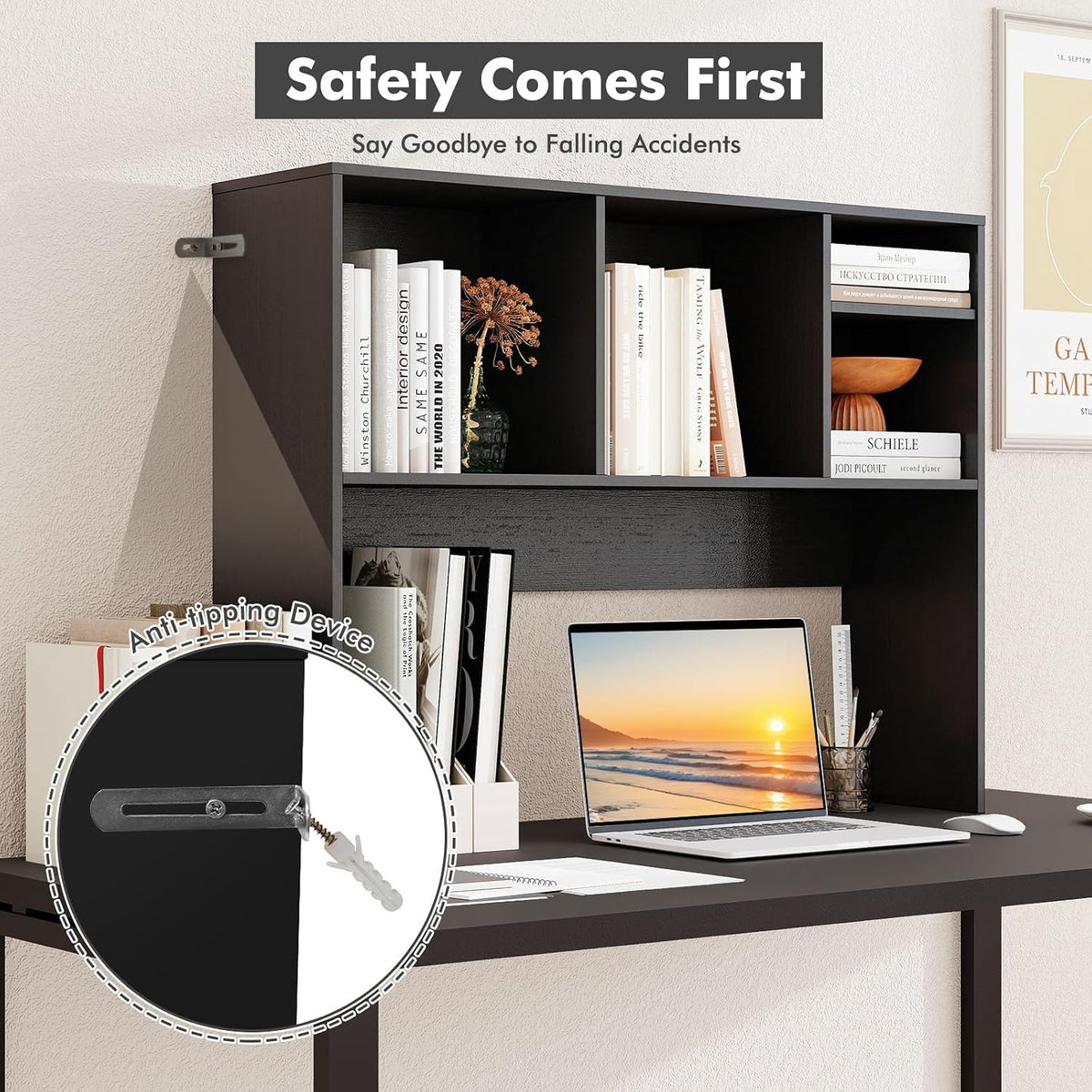 Desktop Bookshelf, Countertop Storage Hutch with 5 Shelves for Computer Desk, Desk 3-Tier Display Rack, Multipurpose Wood Desktop Hutch Storage Organizer for Dorm Office Home