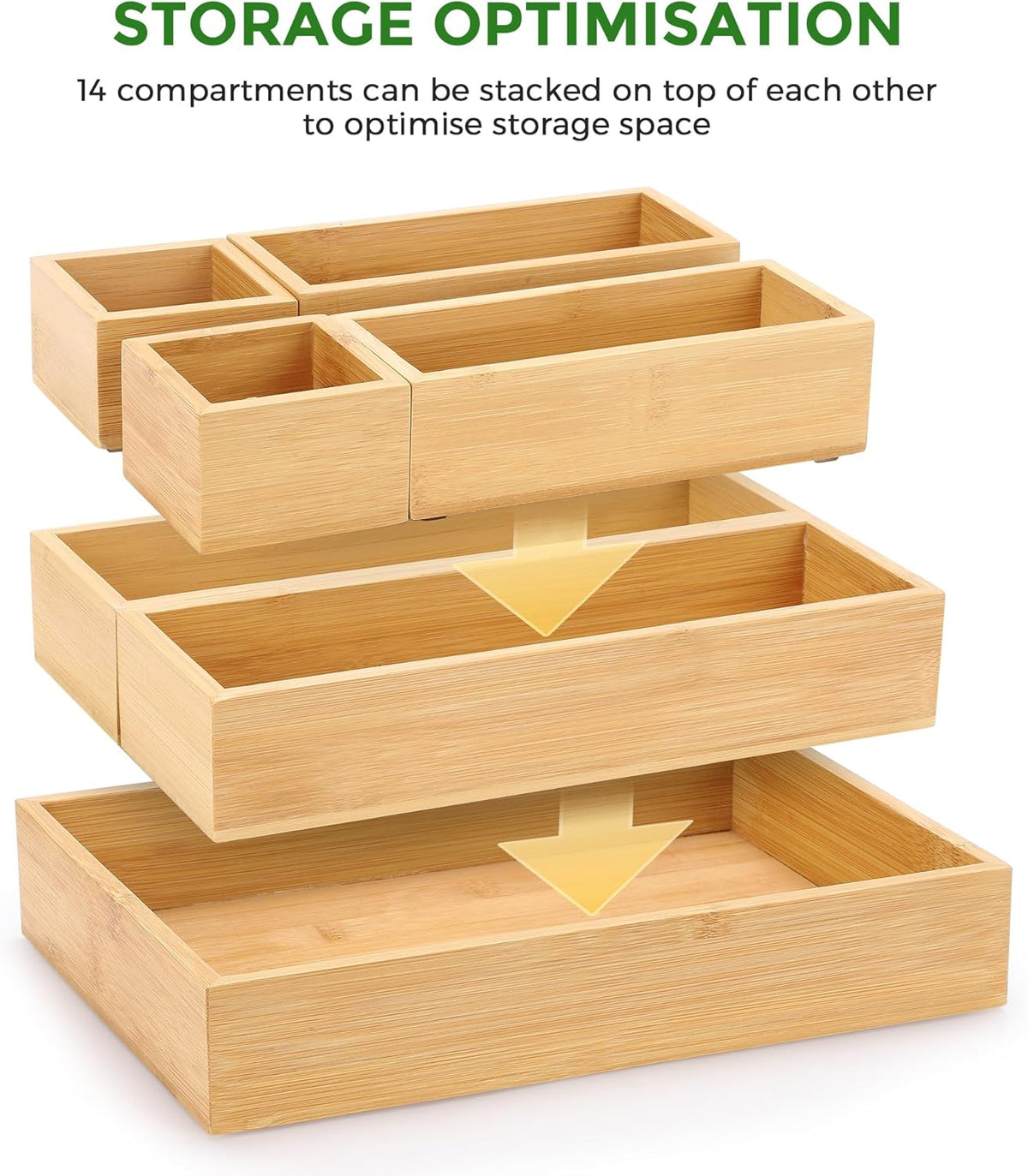 Bamboo Drawer Organizer Set, 5 PCS Multi-Use Individual Wood Storage Organizers, Junk Drawer Divider and Storage Trays Containers for Kitchen, Bathroom, Office Desk, Makeup, Jewelry, Utensils