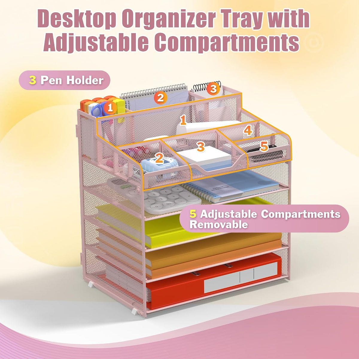 Docnest 5 Tier Mesh Desk Organizer for Paper Office Supplies – Multi-Functional Letter Tray with 5 Adjustable Compartments, 3 Pen Holders, Desktop Storage for Files, Mail, Stationery – Black
