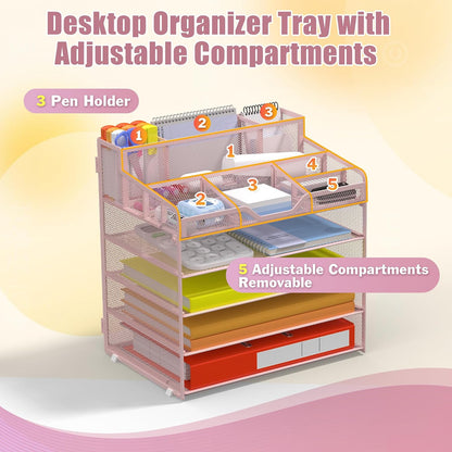 Docnest 5 Tier Mesh Desk Organizer for Paper Office Supplies – Multi-Functional Letter Tray with 5 Adjustable Compartments, 3 Pen Holders, Desktop Storage for Files, Mail, Stationery – Black