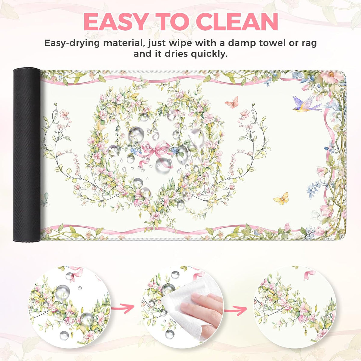 Desk Mat,Mouse Pad for Office Desk,35.4x15.7in,Pink Flowers