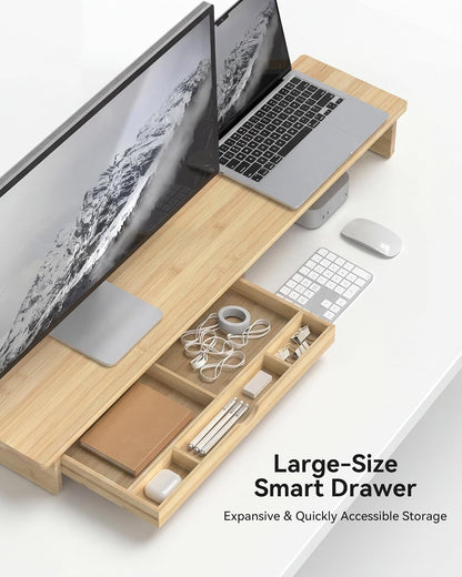 Bamboo Monitor Stand with Large Storage Drawer,23 Inch Ergonomic Computer Riser for Desk, Holds Up to 220lbs, Screen Shelf with 5 Compartments for Keyboard & Stationery Organization