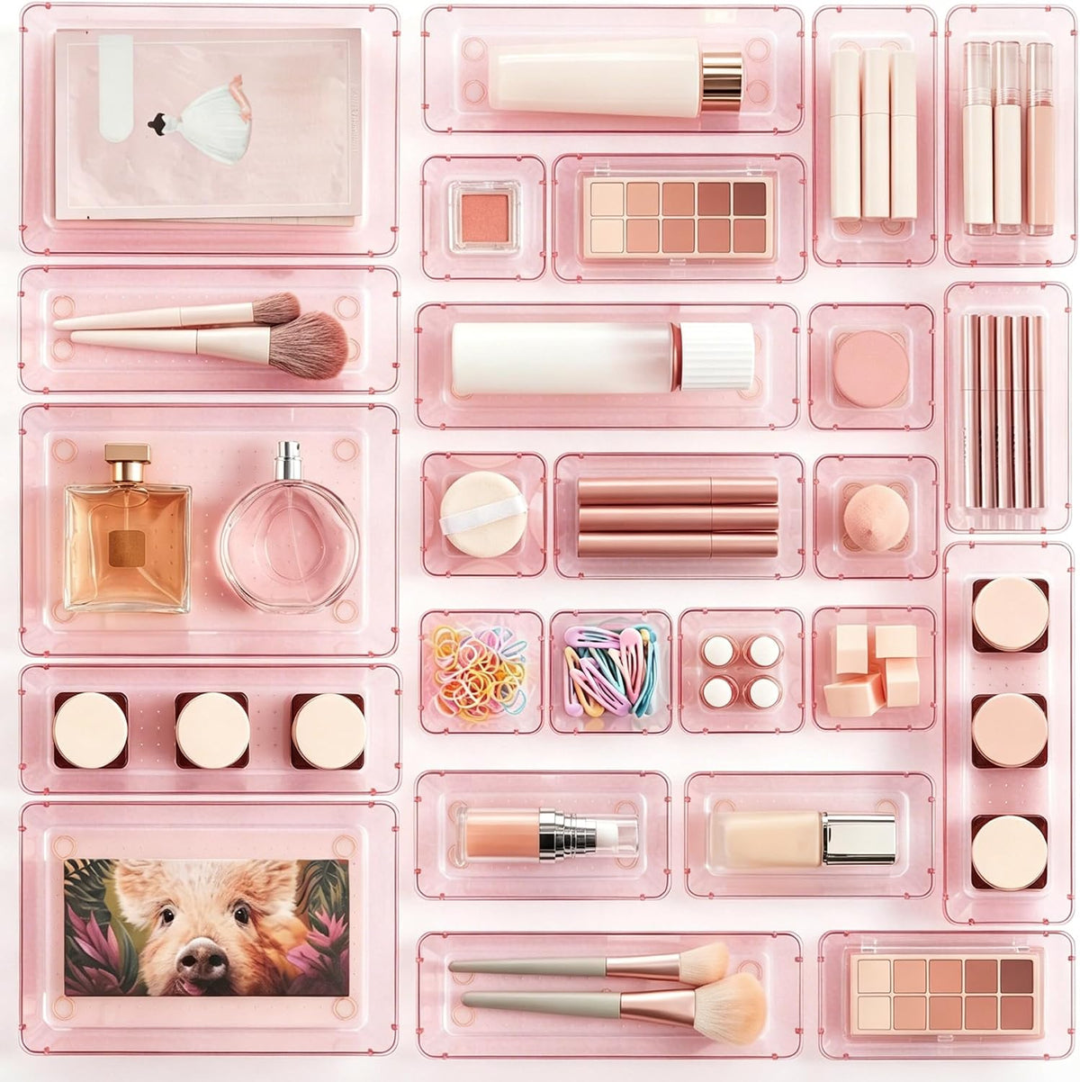 Vtopmart 25 PCS Clear Plastic Drawer Organizers Set, 4-Size Versatile Bathroom and Vanity Drawer Organizer Trays, Storage Bins for Makeup, Bedroom, Kitchen Gadgets Utensils and Office